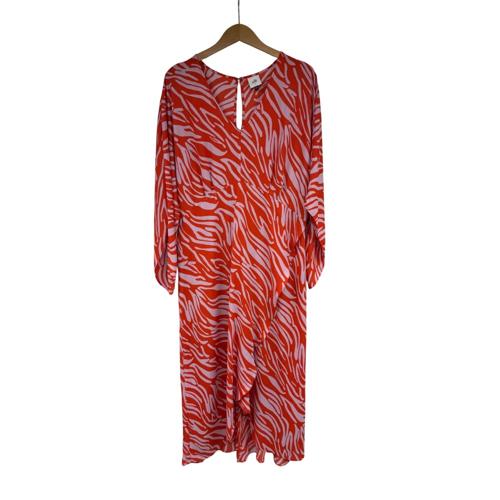 CAbi Saunter Coral and Lavender Faux Wrap Style Zebra Print Midi Dress Size L